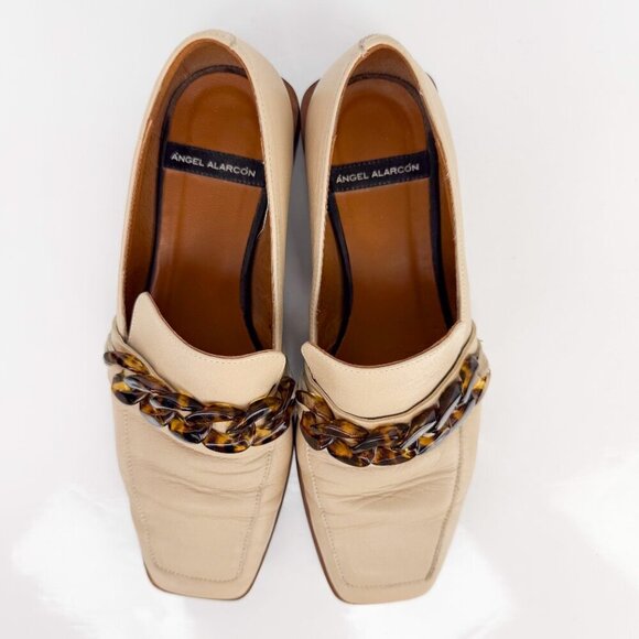 ANGEL ALARCON Preppy School Flat Slip-On Tortoise Chainβ Beige Cream Loafers 37 - Picture 7 of 16